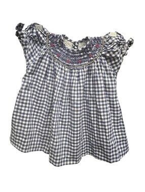 Strasburg Lace Girls Blue Gingham Red Berry Smocked Top Sz. 6-9 months